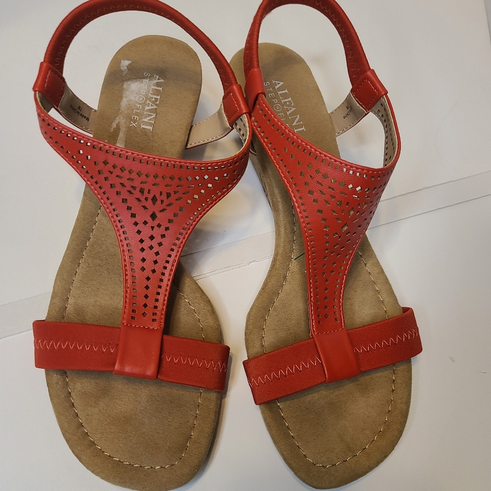 Alfani Vacanza Wedge Sandals 7M Perforated Faux Leather Tomato Red